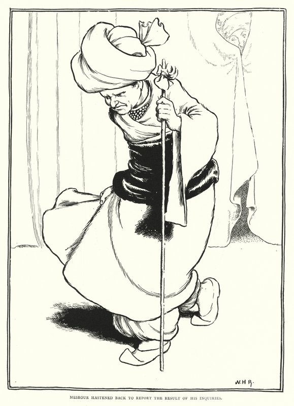 Mesrour, araştırmalarının sonucunu bildirmek için aceleyle geri döndü (gravür) by William Heath Robinson