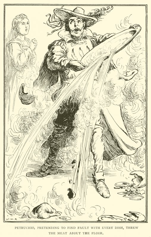 Petruchio, her yemekte kusur buluyormuş gibi yaparak eti yere fırlattı. by William Heath Robinson