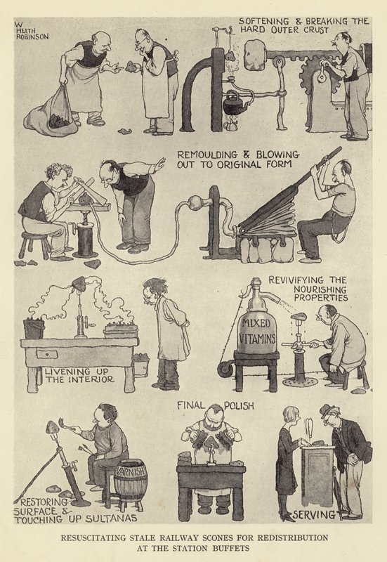 İstasyon büfelerinde yeniden dağıtım için canlandırıcı bayat demiryolu çörekleri by William Heath Robinson