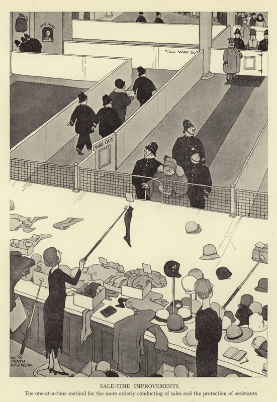 Satış zamanı iyileştirmeleri, satışların daha düzenli yürütülmesi ve yardımcıların korunması için her seferinde bir yöntem by William Heath Robinson