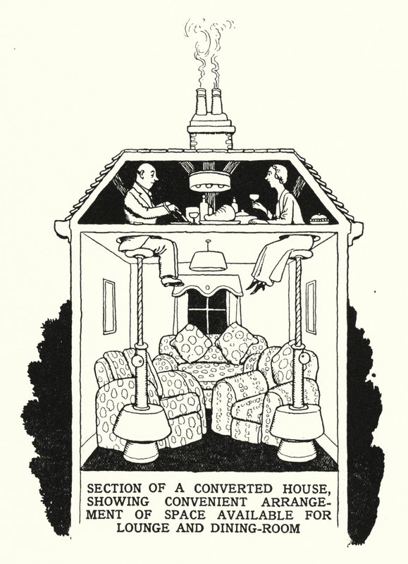 Dinlenme Odası ve Yemek Odası (lito) için Kullanılabilir Alanın Uygun Düzenlemesini Gösteren Dönüştürülmüş Bir Evin Bölümü by William Heath Robinson
