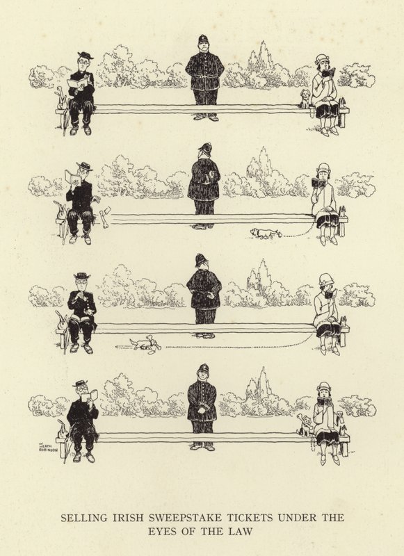 İrlanda piyango biletlerini yasaların gözü önünde satmak by William Heath Robinson