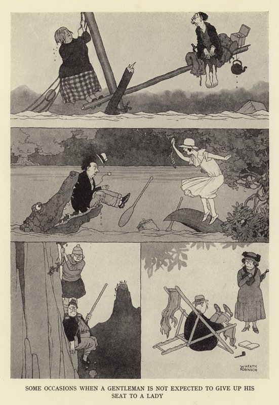 Bir beyefendinin koltuğunu bir hanımefendiye bırakmasının beklenmediği bazı durumlar by William Heath Robinson