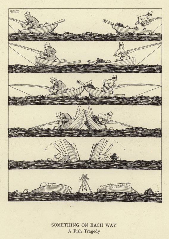 Something on each way, a fish tragedy    270707   tr       Türkisch Successfully Translated  Original: Anonymous woman (aquatint) Translat: Anonymous woman (aquatint) by William Heath Robinson