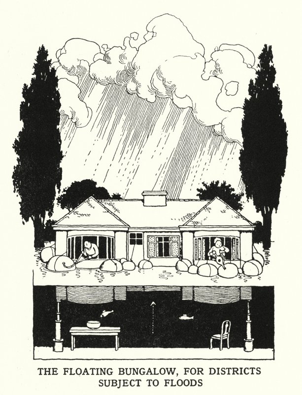 Taşkınlara Maruz Olan İlçeler İçin Yüzer Bungalov (litho) by William Heath Robinson