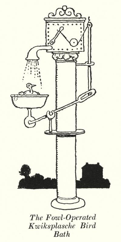 Kümes Hayvanları Tarafından Çalıştırılan Kwiksplasche Kuş Banyosu (lito) by William Heath Robinson