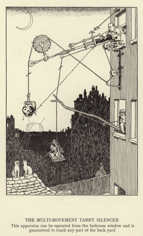 Çok Hareketli Tekir Susturucu, bu aparat yatak odası penceresinden çalıştırılabilir ve arka bahçenin herhangi bir yerine ulaşması garanti edilir. by William Heath Robinson