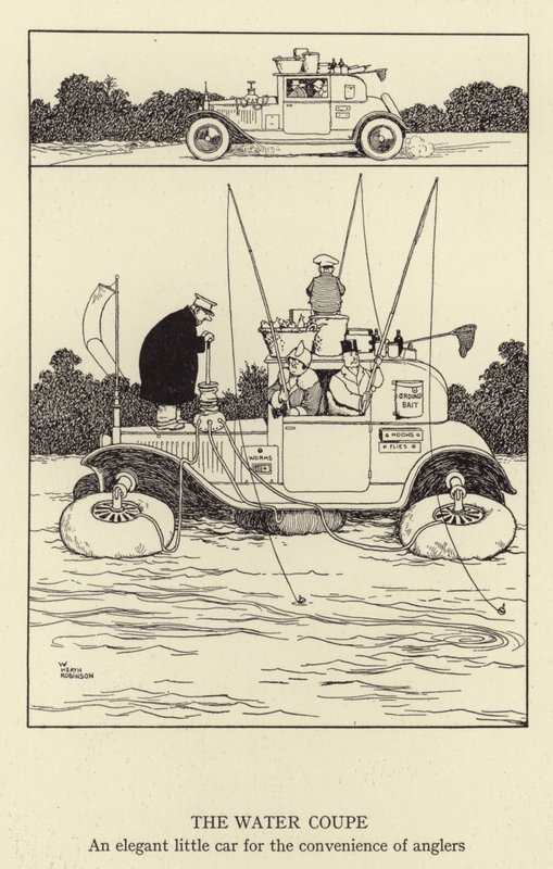 Water Coupe, balıkçıların rahatlığı için zarif bir küçük araba by William Heath Robinson