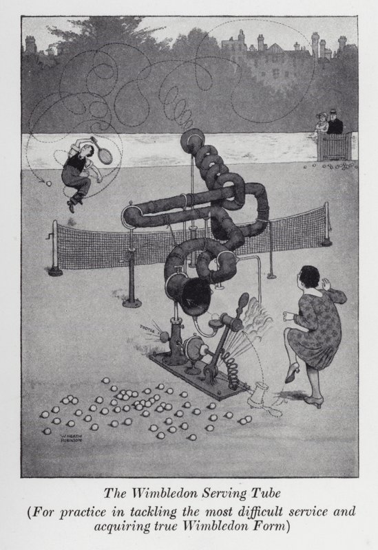 Wimbledon Servis Tüpü, En zor hizmetle mücadele etme ve gerçek Wimbledon Formunu (litho) elde etme alıştırması için by William Heath Robinson