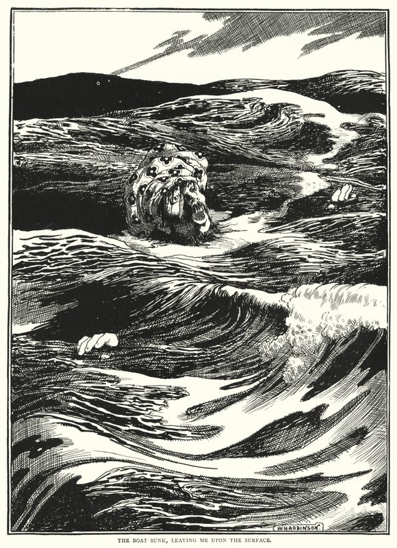 Tekne battı, beni yüzeyde bıraktı (gravür) by William Heath Robinson