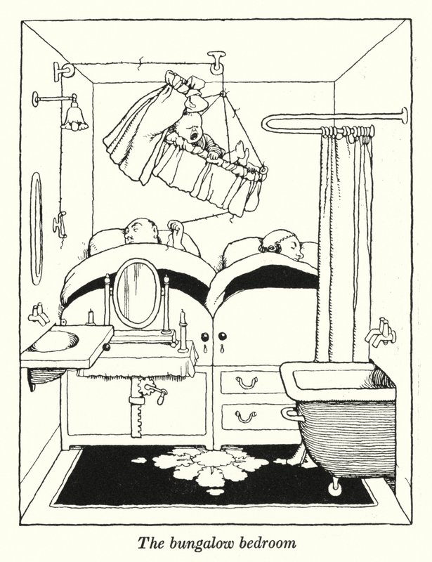 Bungalov yatak odası (litho) by William Heath Robinson
