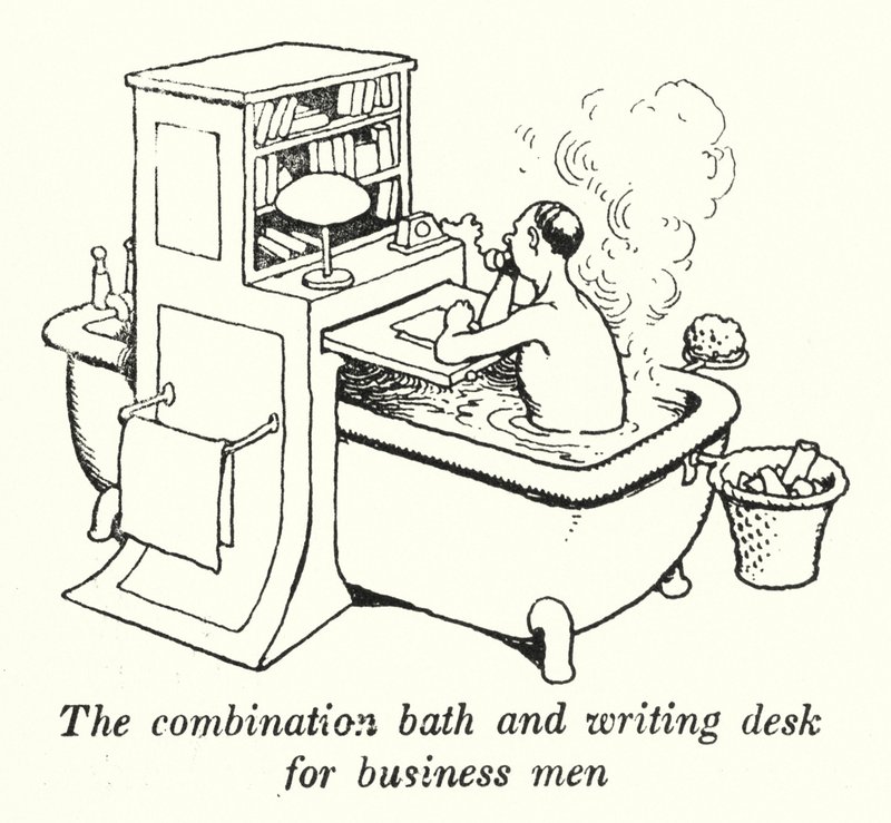 İş adamları için birleşik banyo ve yazı masası (litho) by William Heath Robinson