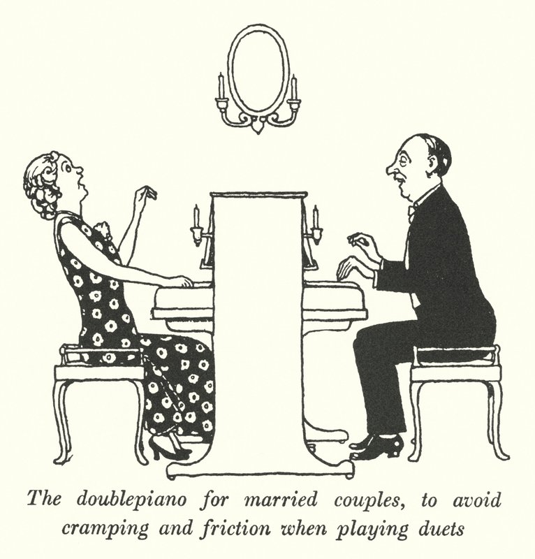Evli çiftler için, düet (lito) oynarken kramp ve sürtünmeyi önlemek için çift piyano by William Heath Robinson