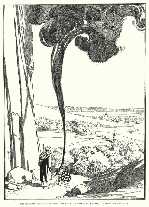 Sihirbaz onları ateşe verdi ve alevler içinde olduklarında biraz tütsü (gravür) attı. by William Heath Robinson
