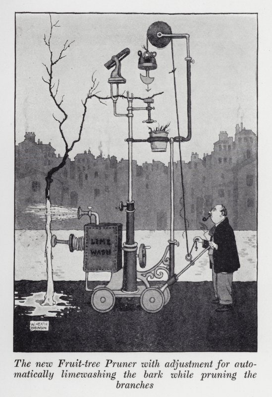 Dalları budarken kabuğu otomatik olarak kireçle yıkamak için ayarlı yeni Meyve Ağacı Budayıcı (lito) by William Heath Robinson