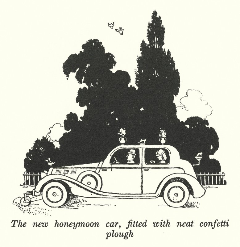 Temiz konfeti pulluğu (lito) ile donatılmış yeni balayı arabası by William Heath Robinson