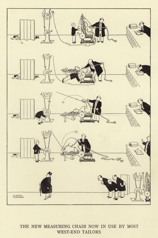 Yeni ölçüm sandalyesi artık çoğu batı ucundaki terzi tarafından kullanılıyor by William Heath Robinson