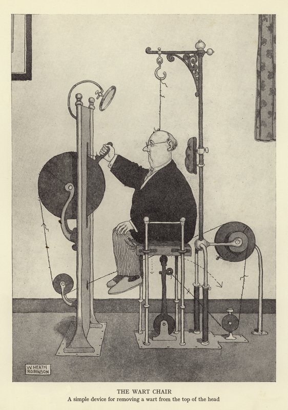Siğil sandalyesi, başın üstünden bir siğil çıkarmak için basit bir cihaz by William Heath Robinson