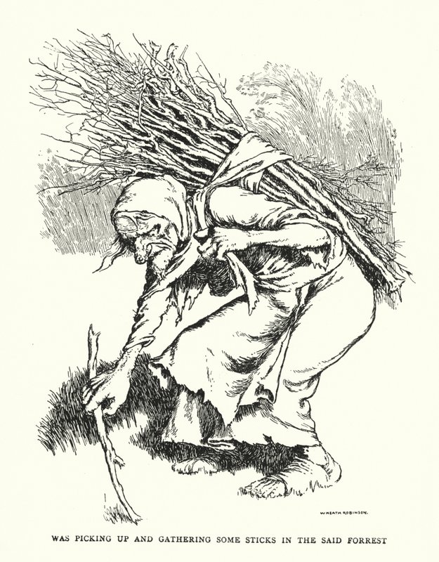 Söz konusu ormanda (lito) bazı çubukları alıp topluyordu by William Heath Robinson