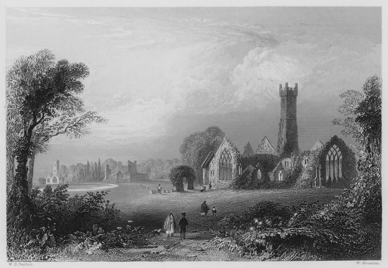 Augustinian Manastırı, Adare, Fitzgeralds Kalesi ve Francescan Manastırı ile (gravür) by William Henry (after) Bartlett