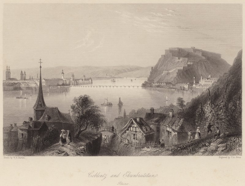 Coblentz ve Ehrenbreitstein (gravür) by William Henry (after) Bartlett