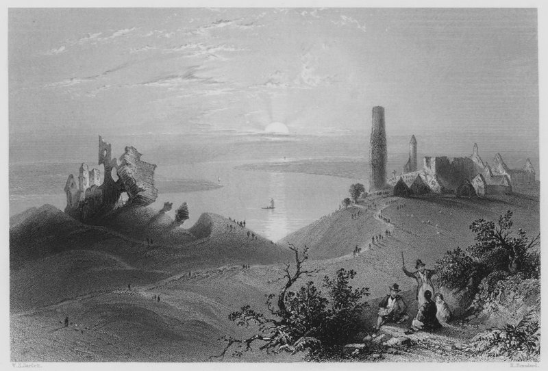Shannon'daki Yedi Clonmacnoise Kilisesi (gravür) by William Henry (after) Bartlett