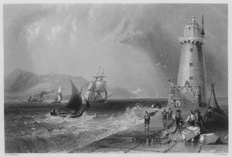 Uzakta Howth tepesi olan Güney duvarı Deniz Feneri (gravür) by William Henry (after) Bartlett