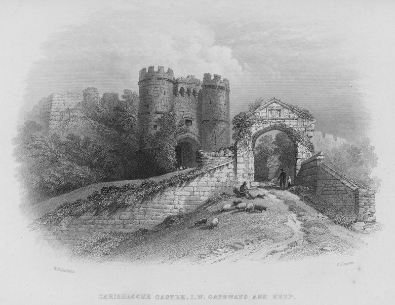Carisbrooke Kalesi, Wight Adası, Geçitler ve Kale (gravür) by William Henry Bartlett