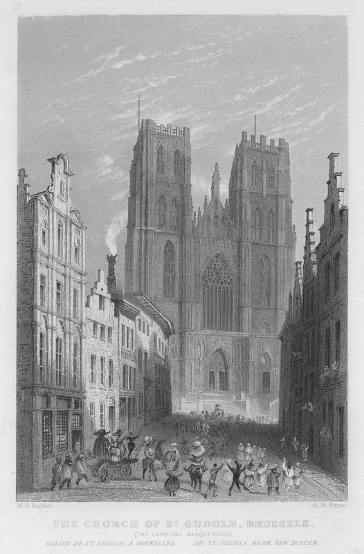St Gudule Kilisesi, Brüksel, Karnaval Maskeli Balo (gravür) by William Henry Bartlett