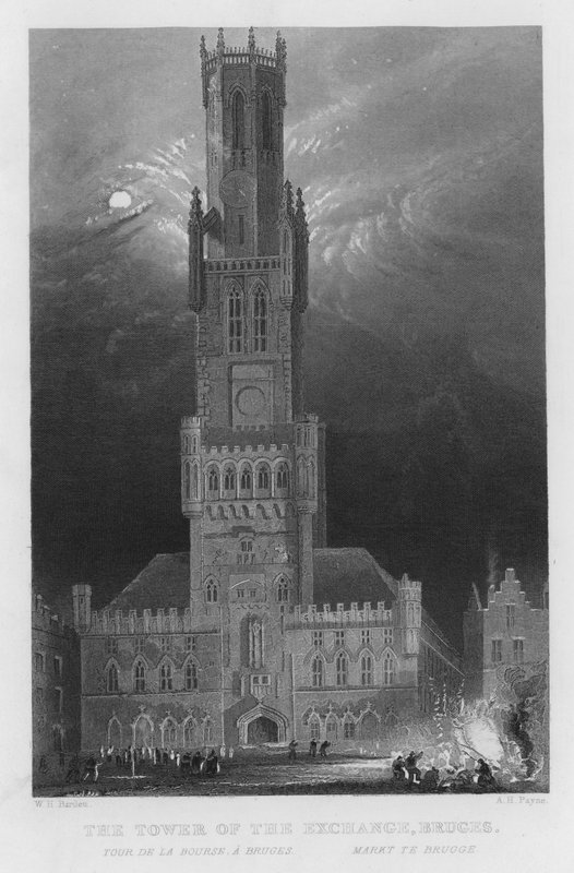 Borsa Kulesi, Bruges (gravür) by William Henry Bartlett