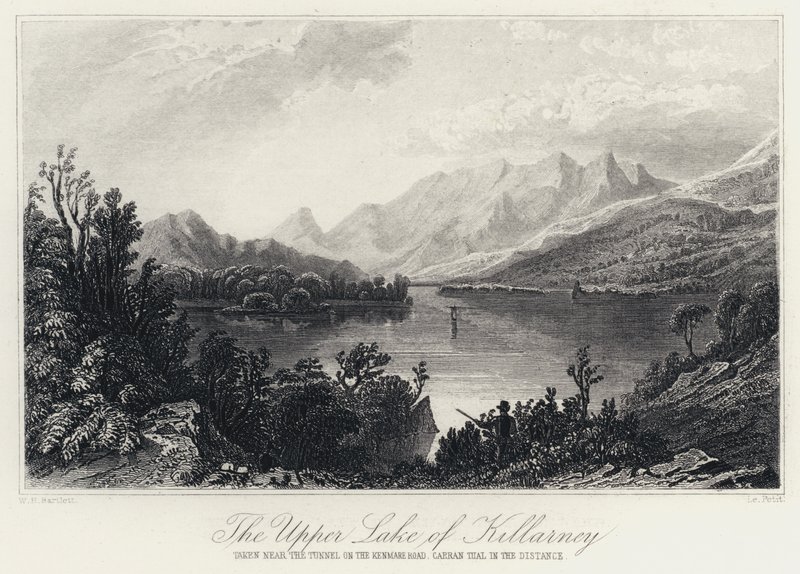 Üst Killarney Gölü, Kenmare Yolu üzerindeki Tünel yakınında çekilmiş, uzaktaki Carran Tual (gravür) by William Henry Bartlett