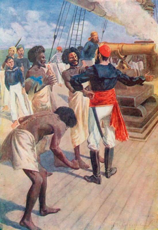 Şefler daha sonra denizde yaklaşık iki mil uzakta bir kayaya bakmaya yönlendirildi ve silah ateşlendi. by William Henry Charles Groome