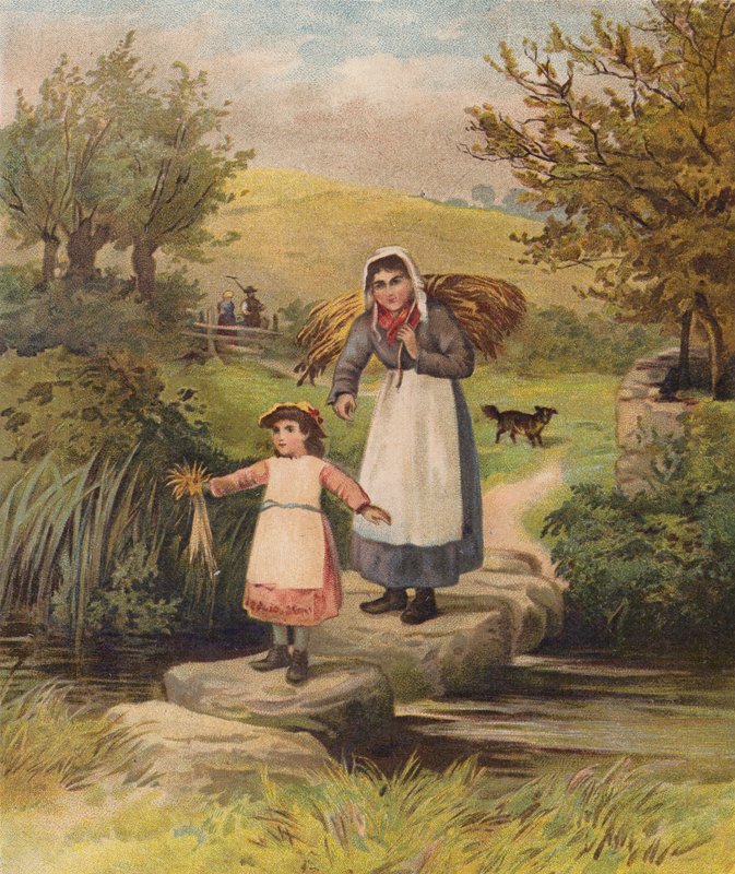 Basamak taşlarının üzerinden bir dereyi geçen kadın ve kız (chromolitho) by William Henry James (after) Boot