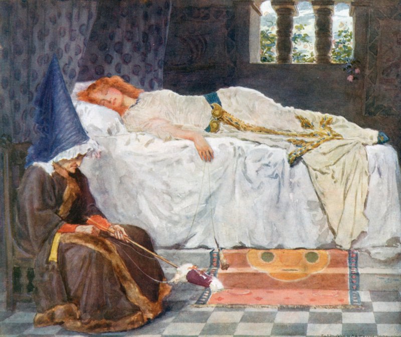 Gözleri kapalıydı ve güneş ışığının dokunduğu saçları karlı yastığın üzerine altın iplikler gibi uzanıyordu. by William Henry Margetson