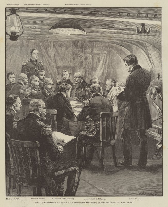 Naval Court-Martial on Board HMS Swiftsure, Devonport, on the Stranding of HMS Howe  by William Heysham Overend