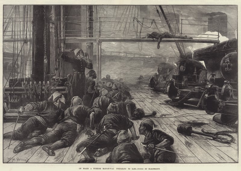 Gemide, çarpmaya hazırlanan bir Türk Savaş Adamı, Elektrikle Ateşleme by William Heysham Overend