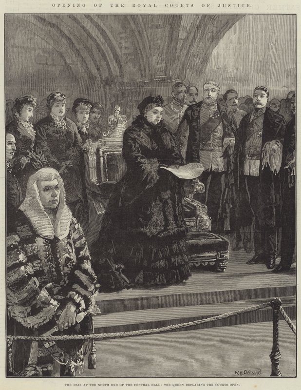 Kraliyet Adalet Mahkemelerinin Açılışı, Merkez Salonun Kuzey ucundaki Dais, Kraliçe Mahkemelerin Açık olduğunu ilan etti by William Heysham Overend