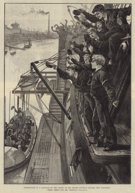 Thames Denizcilik Koleji Gemisi, Worcester, Cankurtaran Botu için Üç Şerefe Kadetleri Tarafından Cankurtaran Teknesi Sunumu! by William Heysham Overend