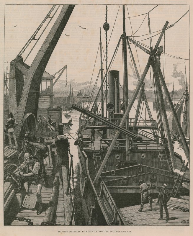 Souakim Demiryolu için Woolwich'te nakliye malzemesi (gravür) by William Heysham Overend