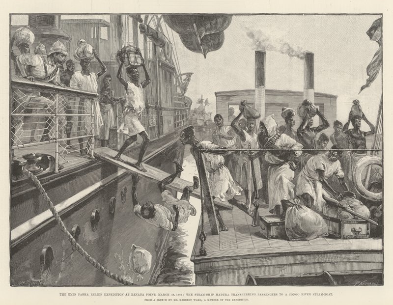 ಬನಾನಾ ಪಾಯಿಂಟ್‌ನಲ್ಲಿ ಎಮಿನ್ ಪಾಶಾ ರಿಲೀಫ್ ಎಕ್ಸ್‌ಪೆಡಿಶನ್, 18 ಮಾರ್ಚ್ 1887, ಸ್ಟೀಮ್-ಶಿಪ್ ಮಧುರಾ ಪ್ರಯಾಣಿಕರನ್ನು ಕಾಂಗೋ ನದಿಯ ಸ್ಟೀಮ್-ಬೋಟ್ ಟರ್ಕ್‌ಗೆ ವರ್ಗಾಯಿಸುತ್ತದೆ by William Heysham Overend