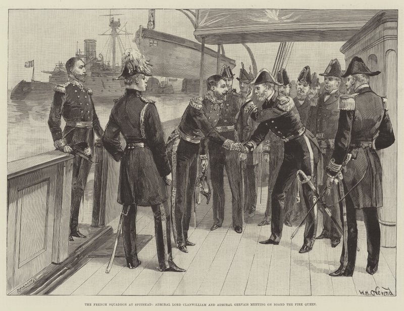 Spithead'deki Fransız Filosu, Amiral Lord Clanwilliam ve Amiral Gervais, Ateş Kraliçesi'nde buluşuyor by William Heysham Overend