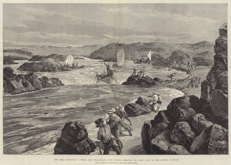 Nil Seferi, Balina Teknelerini İkinci Kataraktın Birinci Kapısından Askerlerle Çekiyor by William Heysham Overend