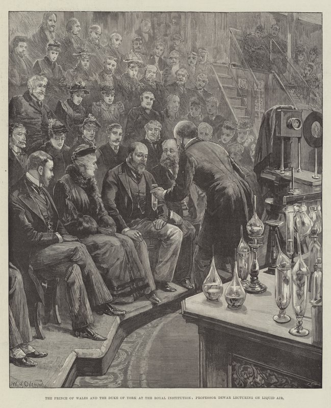 Galler Prensi ve York Dükü Kraliyet Enstitüsünde Profesör Dewar Liquid Air üzerine ders veriyor by William Heysham Overend