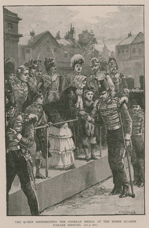 Kraliçe, Atlı Muhafızlar Geçit Töreni Alanında Kırım Madalyasını dağıtıyor by William Heysham Overend