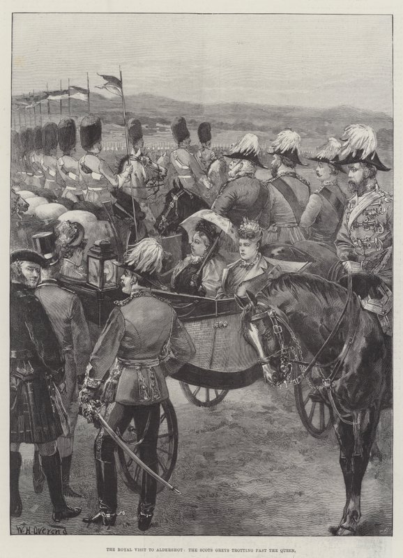 Aldershot'a Kraliyet Ziyareti, İskoç Grileri Kraliçe'yi geçiyor by William Heysham Overend