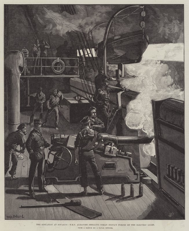 Souakim'deki Durum, HMS Albacore Osman Digna'nın Güçlerini Elektrik Işığıyla Bombardıman by William Heysham Overend