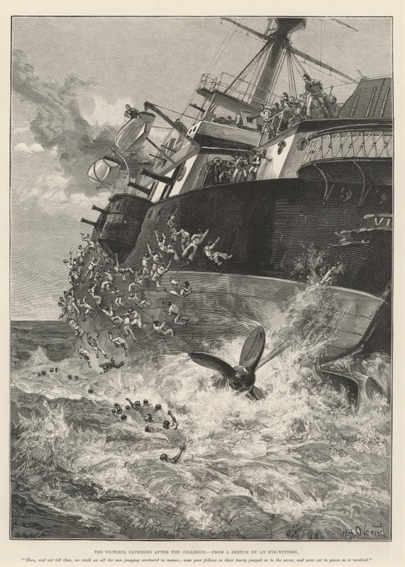 Çarpışmadan sonra alabora olan Victoria by William Heysham Overend