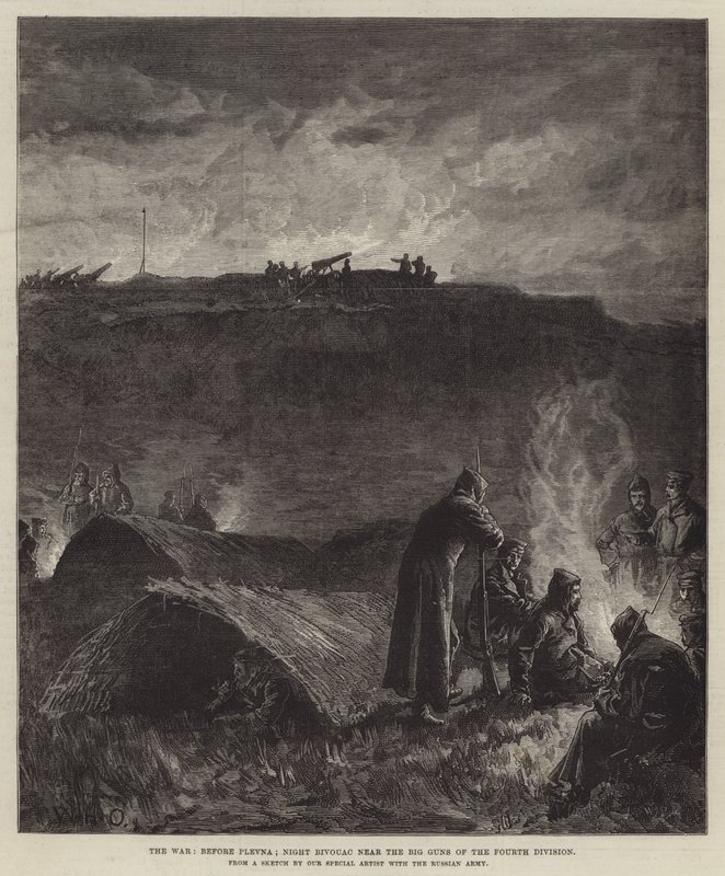 Plevne öncesi savaş; Dördüncü Bölümün Büyük Silahları yakınında Gece Bivouac by William Heysham Overend