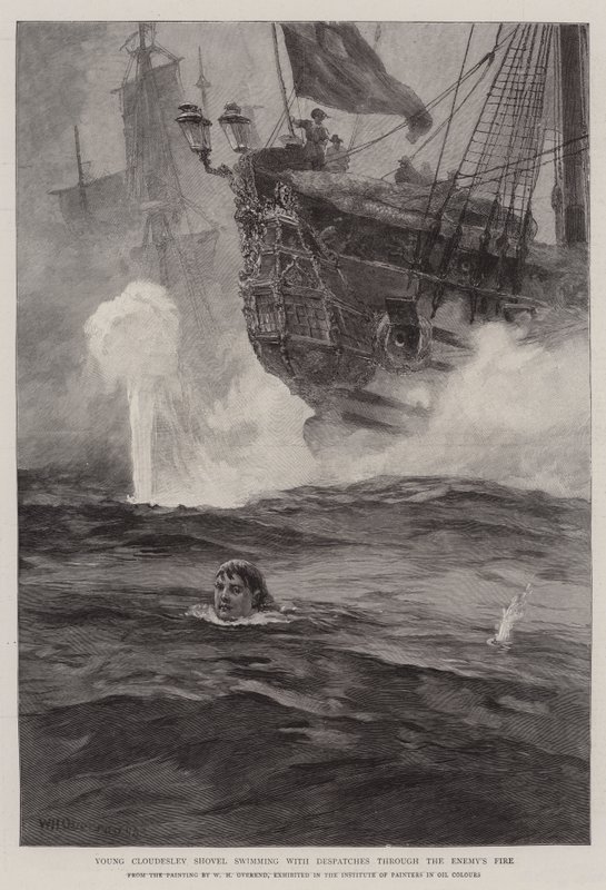 Genç Cloudesley Shovell, düşman ateşinde erlerle birlikte yüzüyor by William Heysham Overend