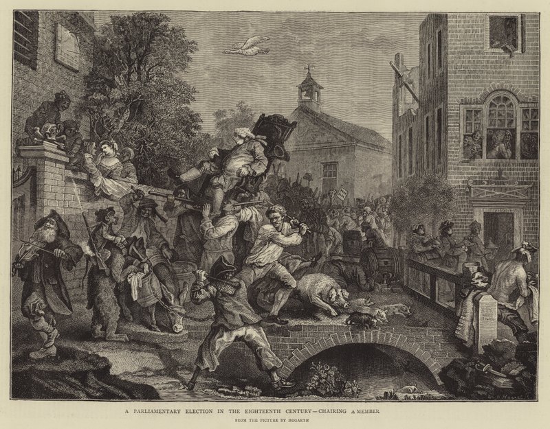 Onsekizinci Yüzyılda bir Parlamento Seçimi, bir üyeye başkanlık ediyor by William Hogarth